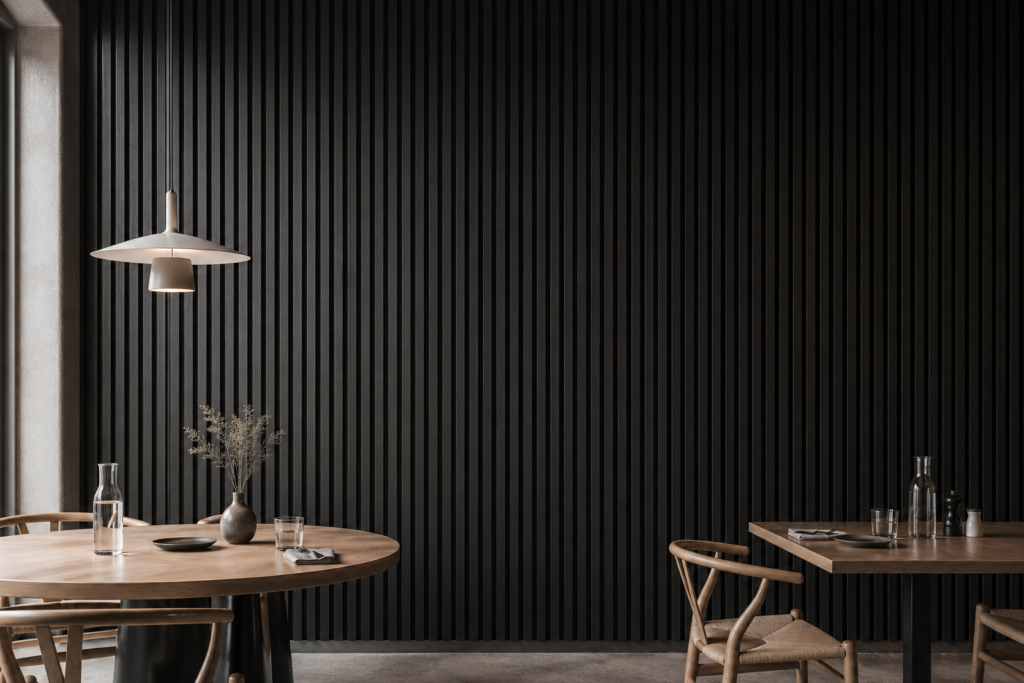 café with dark slatted wal